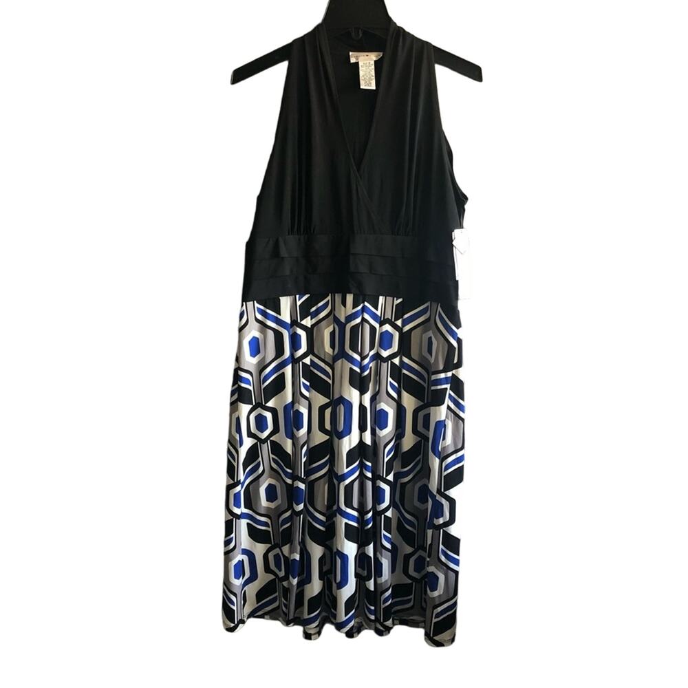 London Style Strapless Black & Blue Geometric Maxi Dress